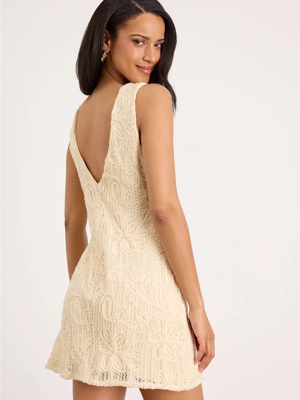 NWT Sz S Lulus Fenicia Cream Abstract Floral Embroidered Mini Dress Yellow - Picture 3 of 13